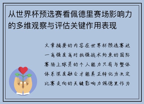 从世界杯预选赛看佩德里赛场影响力的多维观察与评估关键作用表现