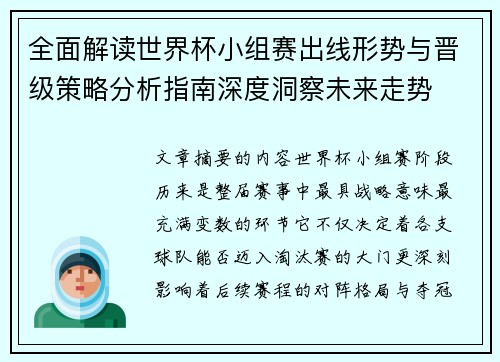 全面解读世界杯小组赛出线形势与晋级策略分析指南深度洞察未来走势